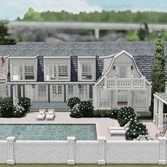 an artist's rendering of a large white house with a pool in the front yard