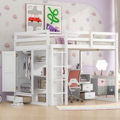 a child's bedroom with a loft bed and desk