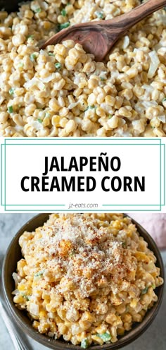 creamed corn in a skillet with a wooden spoon Jalepeno Cheesy Corn, Jalapeno Cheesy Corn, Jalapeño Corn Coleslaw, Jalapeno Sweet Corn, Jalapeno Cream Cheese Corn, Corn With Cream Cheese And Jalapenos, Rice Side Dishes For Bbq, Jalapeno Corn Recipes, Cream Cheese Jalapeño Corn