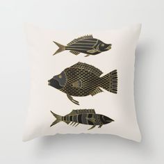 three black and gold fish on a white background throw pillow with zippered closures