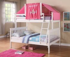 Liliana White Twin over Full Bunk Bed with Pink Tent Custom Kids Furniture Bunk Bed Tent, Girls Bunk Beds, White Bunk Beds, Twin Over Full Bunk Bed, Bunk Beds With Stairs, Low Loft Beds, Bunk Bed With Trundle, Full Bunk Beds, Bed Tent