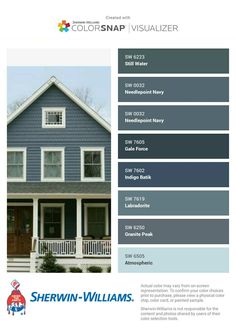 the color scheme for sherwinn williams's house is blue and has white trim