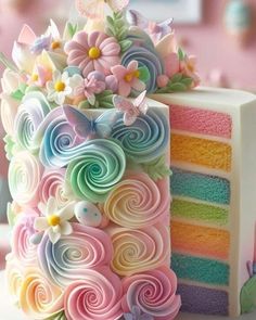 there is a colorful cake with swirls and flowers on it