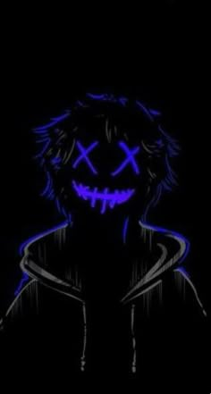 a drawing of a person with blue lights on their face in the dark, wearing a hoodie