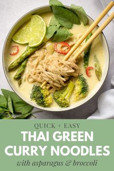 thai green curry noodles with asparagus and broccoli in a white bowl