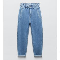 High-Waisted Jeans With Gathered Elastic Waistband. Front Pockets And Back Patch Pockets. Turned Up Cuffs. Front Zip And Metal Size: 34 / 2 Usa Baggy Paperbag Jeans, Paperbag Jeans, Zara Mom Jeans, White Jeggings, Boy Fits, Light Blue Jeans, Printed Jeans, Medium Wash Jeans, Dark Jeans