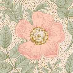 a pink flower with green leaves and dots on a white background that has polka dots