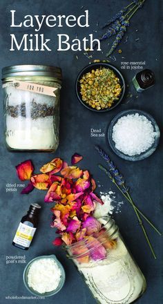 Layered Milk Bath | Natural Beauty DIY | Holistic Cosmetics | Rose Essential Oil in Jojoba, Dead Sea Salt, Dried Rose Petals, Powdered Goat's Milk Imbolc Recipes, Diy Beauty Gifts, Săpunuri Handmade, Natural Beauty Diy, Dead Sea Salt, Diy Spa, Dried Rose Petals, Beauty Diy