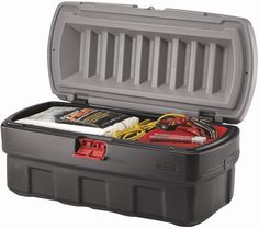 an open tool box filled with tools on a white background