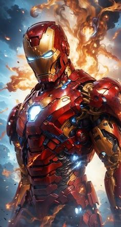 the iron man from avengers movie is shown in front of an exploding sky and clouds