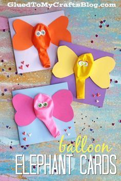 three different paper crafts with the words balloon elephant cards on them and an image of a butterfly