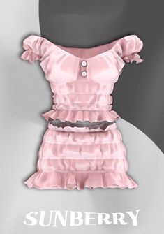 a pink dress with ruffles on it and the words sunberry written in white