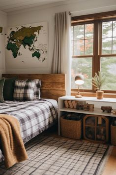 Rustic retreat themed toddler boy bedroom with wooden elements and soft textiles. Boy Headboard, Rustic Boys Bedrooms, Rustic Boys Room, Retreat Space, Adventure Room, Kids Bedroom Boys