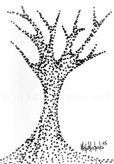 a black and white drawing of a tree with lots of dots on it's branches