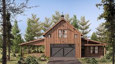 a wooden house with two garages in the middle of trees and grass around it