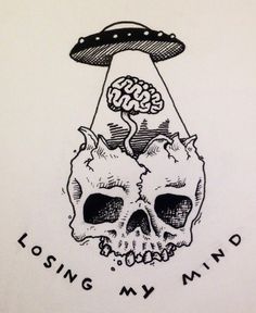 a drawing of a skull with a flying saucer above it