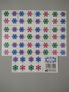 four snowflakes are shown on top of each other in different colors and shapes