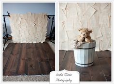 a teddy bear sitting in a bucket on top of a wooden floor next to a wall