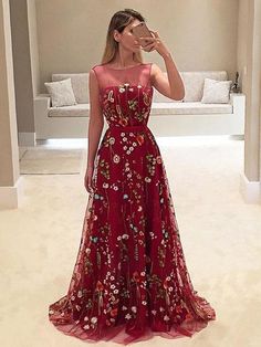 Popular Dark Red Floral Embroidery Sleeveless A-line Long  Prom Dresses ,PD00087 #embroidery #reddresses Sleeveless Prom Dress, New Party Dress, Prom Dresses Sleeveless, Red Prom, Burgundy Floral, Professional Dresses, Tulle Prom Dress, Long Prom Dresses, Red Prom Dress