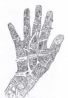 a drawing of a hand with lots of small buildings on it and lines in the middle