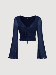 Plus Size Solid Color Slim Fit Long Sleeve Tie Front Summer T-Shirt Navy Blue Casual  Extra-Long Sleeve Knitted Fabric Plain  Medium Stretch  Women Plus Clothing, size features are:Bust: ,Length: ,Sleeve Length: Fancy Tops For Women, Blue Clothes Aesthetic, Navy Blue Outfits, Famous Clothes, Aesthetic Tops, Navy Blue Outfit, Dark Blue Top, Marvel Shield, Flowy Shirts