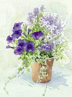 a watercolor painting of purple flowers in a brown vase on a white tablecloth