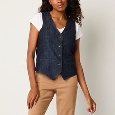 This crisp women's denim vest by Liz Claiborne is an on-trend must-have for your wardrobe. Made from 100% cotton, this structured sleeveless vest is lightweight, lined and has a button-fron closure. Wear it over a fitted t-shirt with pants. Closure Type: ButtonWarmth Factor: LightweightApparel Length: 24.25 InchesOuterwear Length: ShortFiber Content: 100% CottonFabric Description: DenimLining: Fully LinedCare: Machine Wash, Tumble DryCountry of Origin: Imported Woman’s Vest, Denim Vest Sewing Pattern, Neutrals Clothing, Blue Jean Vest, Womens Denim Vest, Vest Sewing Pattern, Denim Vests, Fashion 2024, Vest Outfits