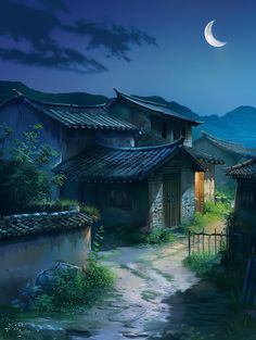 Semi-stylized anime illustration of a peaceful night scene in an ancient Chinese village. Chinese Village Art, Anime Village, Stylized Anime, Chinese Village, Inspirational Digital Art, Story Stone, Peaceful Night, Photography Movies, Anime Illustration