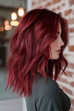 Red Autumn Hair, Red Raspberry Hair Color, Shoulder Length Hair Red Auburn, Red Hair Straight, Light Cherry Hair, Cherry Red Hair With Bangs, Medium Length Haircut Red Hair, Long Bob Red Hair, Shoulder Length Red Hair