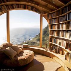 a room with bookshelves and a couch in front of the window overlooking the ocean