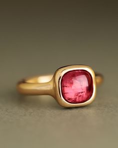 Sophia Pink Tourmaline Solitaire Ring set in Solid 18k Gold by George Rings hot pink square cabochon September Studio, Molten Rock, August Birthdays, Unique Gold Rings, Graduation Rings, Three Necklaces, Sweet Ring, Silver Gold Jewelry, Knick Knack