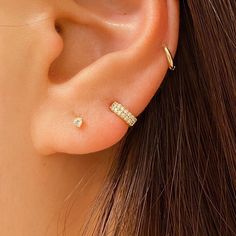 "💥PLEASE DO NOT USE IT TOO TIGHT (cause swollen and redness of earlobe). Please do not use too tight. Tight earrings don't let air enter the piercing hole through the earlobe. The pressure from tight earrings also reduces blood flow to the earlobe. This increases the chance of infection. Please read and find the right size for you.💥 Listing for SINGLE or PAIR Size run small Good for second piercing, Rook, Upper Lobes, Helix, Cartilage, etc Our CZ Hoops are made 14k gold plated (Vermeil) over 9 Upper Ear Piercing, Diamond Hoop Earrings, Huggie Hoop Earrings, Small Earrings, Keep Jewelry, Jewelry Earrings Hoops, Tragus, Gold Hoop