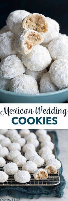 mexican wedding cookies on a cooling rack with text overlay that reads, mexican wedding cookies