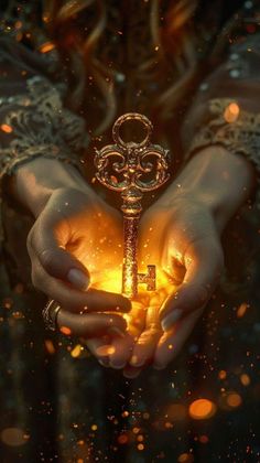 a person holding a key in their hands with fire coming out of the inside of it