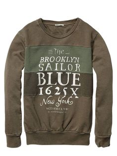 Collection - Colour block crew neck sweater with artwork on the chest - Sweaters - Official Scotch & Soda Online Fashion & Apparel Shops - good idea for a pieced polo Sweet Shirt, Stylish Sweaters, Sweat Shirts, Scotch Soda, Knitwear Men, Baby Boy Fashion, Colour Block, Mens Street Style