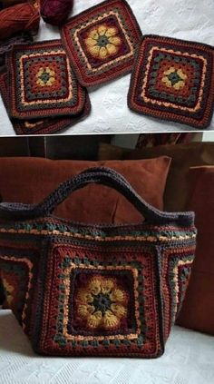 crocheted granny bag and coasters with yarn