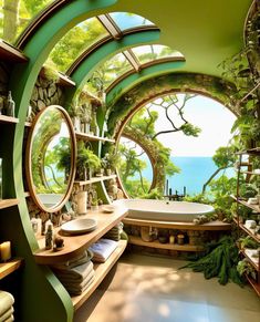 a bathroom with large circular windows and plants on the walls, along with a bathtub