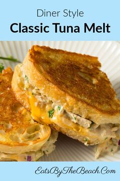 a close up of a sandwich on a plate with the words dinner style classic tuna melt