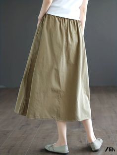 Zlily - Formal High Waist Midi Skirt, Relaxed Fit Casual Attire for Women Spring Casual Ankle-length Maxi Skirt, Spring Ankle-length Casual Maxi Skirt, Casual Plain Skirt, Spring Casual A-line Bottoms, Casual Plain Long Skirt, Casual Khaki Maxi Skirt For Spring, Khaki Flowy Skirt For Spring, Spring Cotton Maxi Skirt Solid Color, Spring Cotton Maxi Skirt In Solid Color