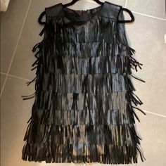 Black Leather Fringes Long Top/Mini Dress. Excellent Condition. Used Once Only Sleeveless Fringe Mini Dress For Festivals, Black Fringe Dress Western, Black Leather Fringe Shirt, Brown Sleeveless Fringe Dress, Black Sleeveless Mini Dress With Fringe, Fringe Dress, Leather Fringe, Dresses Black, Long Tops