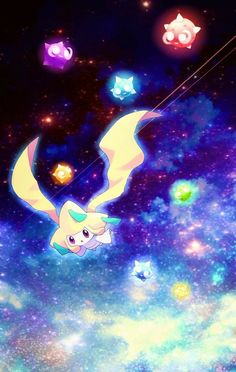 an animated pokemon flying through the air with stars in the background and colorful shapes around it