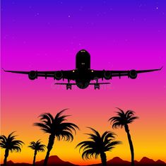 an airplane is flying over the palm trees at sunset or sunrise with purple and pink colors