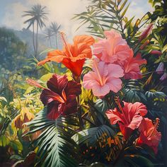 an oil painting of tropical flowers and palm trees