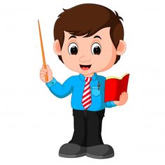 cartoon boy holding an open book and pointing to the side with a pointer in his hand