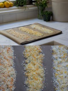 four different pictures of food being prepared on a cutting board and in the process of being cooked