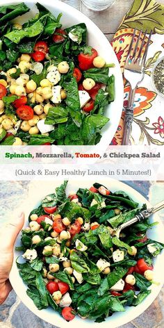 spinach, mozzarella, tomato and chickpea salad in a white bowl