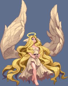 a woman with long blonde hair and angel wings