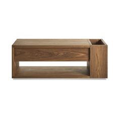 a wooden coffee table with an open drawer on the bottom and one shelf below it