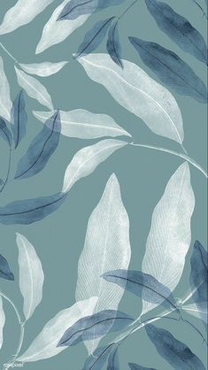 a blue and white wallpaper with leaves on it