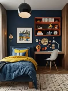 a bedroom with dark blue walls and yellow accents, including a white rug on the floor